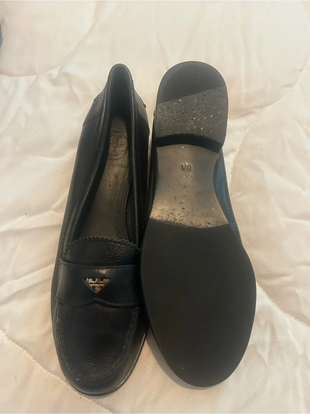 Tory Burch Black Leather Loafers with Gold Logo Accents